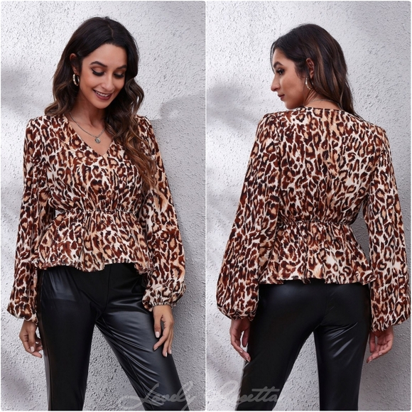 Animal Print Long Sleeve Blouse with Ruched Detailing - Picture 1 of 5